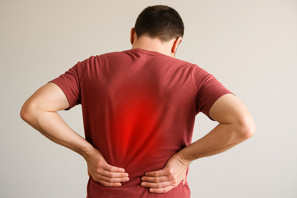 Man with mid-back pain holding spine, demonstrating discomfort—used for Waukee chiropractor article on pain relief and posture correction